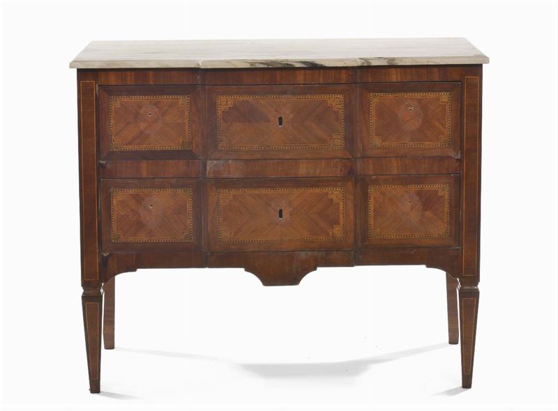 Comò Luigi XVI a due cassetti lastronato, XIX secolo  - Auction Antiques and Old Masters - Cambi Casa d'Aste