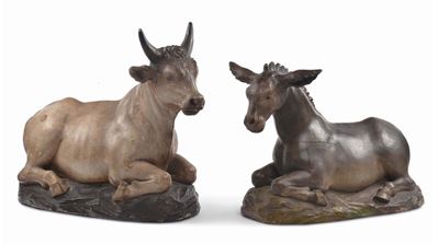 Bue e Asinello Scultura in Legno Intagliato, XVIII Secolo