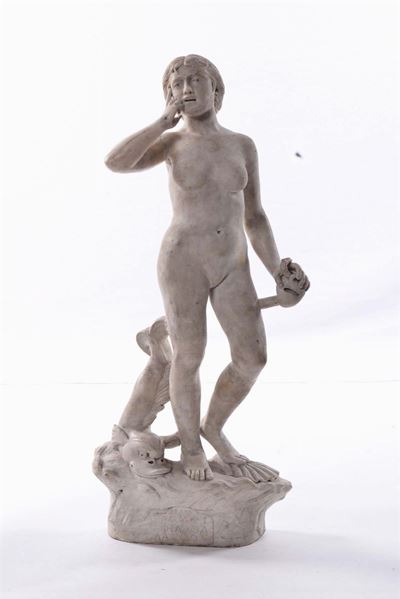 Scultura in Marmo Bianco Raffigurante Personaggio Femminile con Delfino