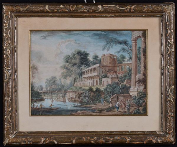 Scuola Francese del XIX secolo Paesaggio con architetture e fiume