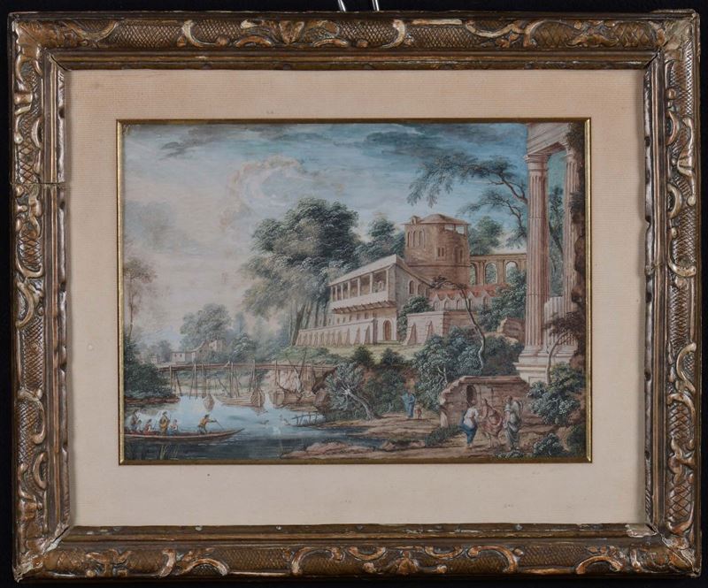 Scuola Francese del XIX secolo Paesaggio con architetture e fiume  - Asta Antiquariato e Dipinti Antichi - Cambi Casa d'Aste