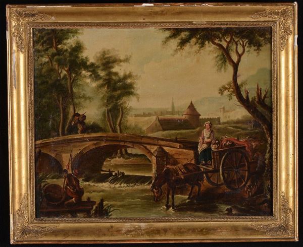Scuola Francese del XVIII secolo Paesaggio con donna sul carretto