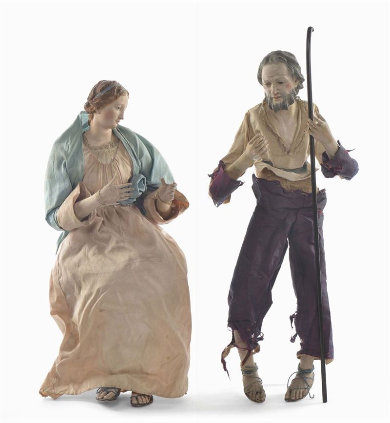Coppia di figure da presepe raffiguranti la Madonna e San Giuseppe, Napoli XVIII secolo  - Auction Antiques and Old Masters - Cambi Casa d'Aste
