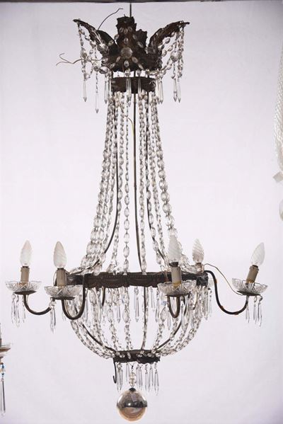 Lampadario Impero a Mongolfiera in Metallo e Cristalli a Sei Luci