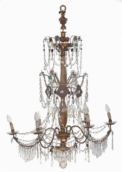 Lampadario Luigi XVI a Sei Luci in Legno Dorato e Cristalli, Genova Fine XVIII Secolo