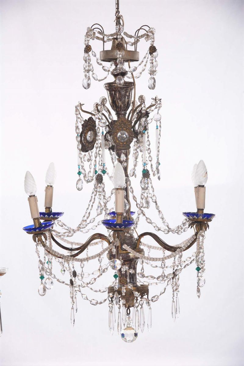 Lampadario a sei luci in metallo e cristalli  - Auction Antique and Old Masters - II - Cambi Casa d'Aste