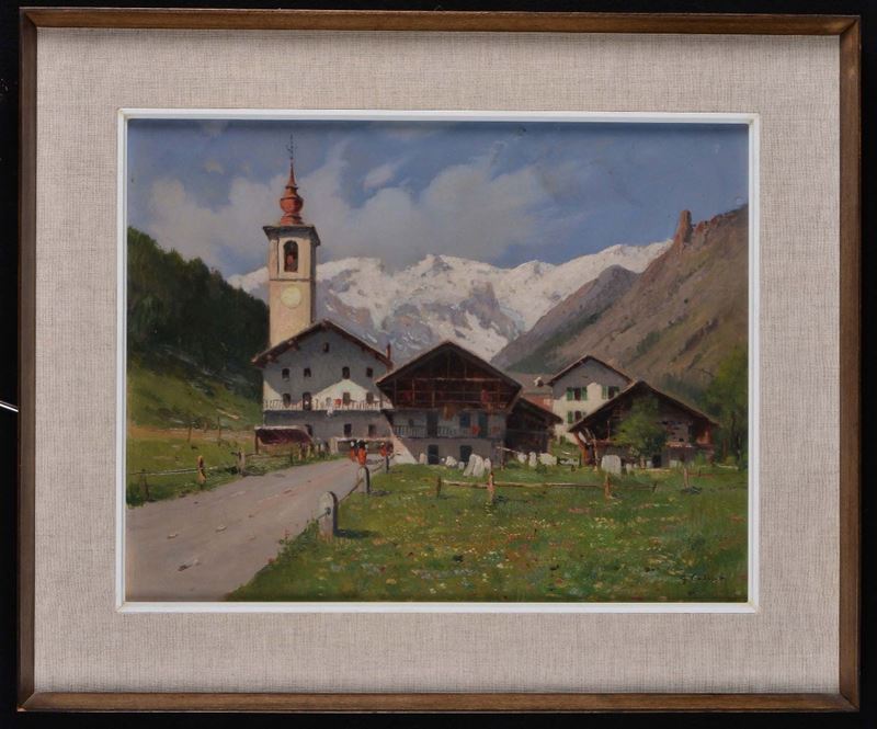 Giovanni Colmo (1867-1947) Paese montano con campanile  - Asta Antiquariato e Dipinti Antichi - Cambi Casa d'Aste