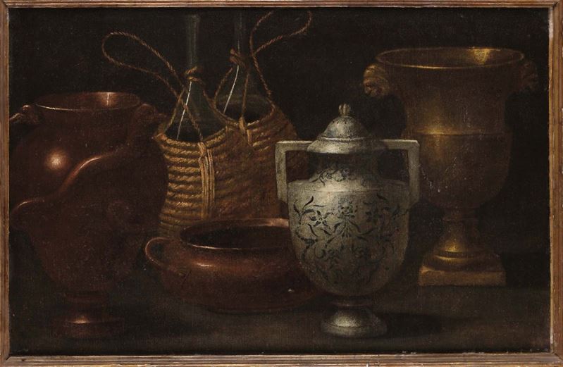 Scuola Lombarda del XVII secolo Natura morta con fiaschi  - Auction Antiques and Old Masters - Cambi Casa d'Aste