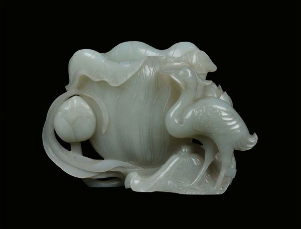 Jade libation cup with lotus flower and bird, China, Qing Dynasty, 19th century, cm 14x6x10