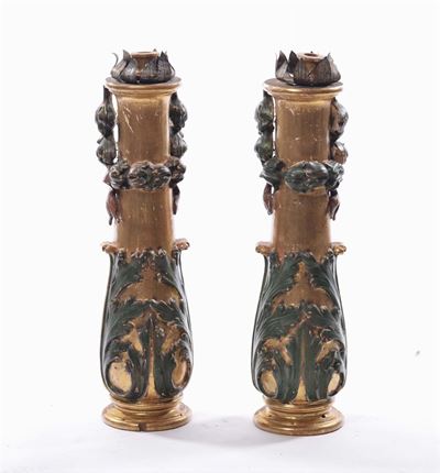 Coppia di Elementi Portaceri in Legno Laccato e Dorato, XVIII Secolo