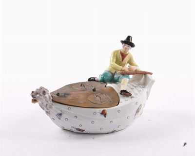 Calamaio in Porcellana di Meissen con Coperchietto in Ottone, XVIII Secolo