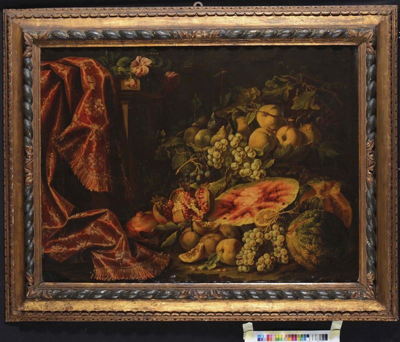 Antonio Gianlisi (1677-1727), attribuito a Natura morta con tappeto e frutta  - Asta Antiquariato e Dipinti Antichi - Cambi Casa d'Aste