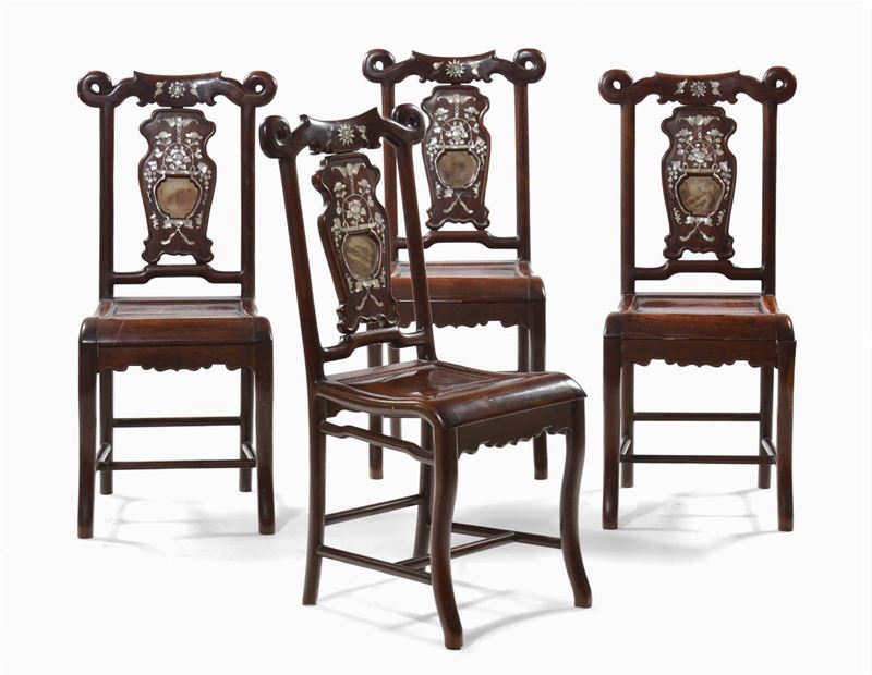 Four homu wood chairs, China, Qing Dynasty, end 19th century Richly carved back decorated with mother-of-pearl inserts and soapstone  - Auction Fine Chinese Works of Art - Cambi Casa d'Aste