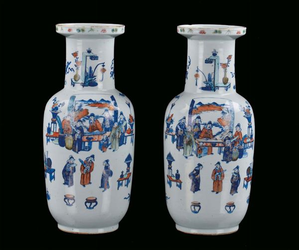 Pair of Ducai porcelain ruleau vases, China, Qing Dynasty, 19th century polychrome decoration with figures and taoist symbols, h cm 45