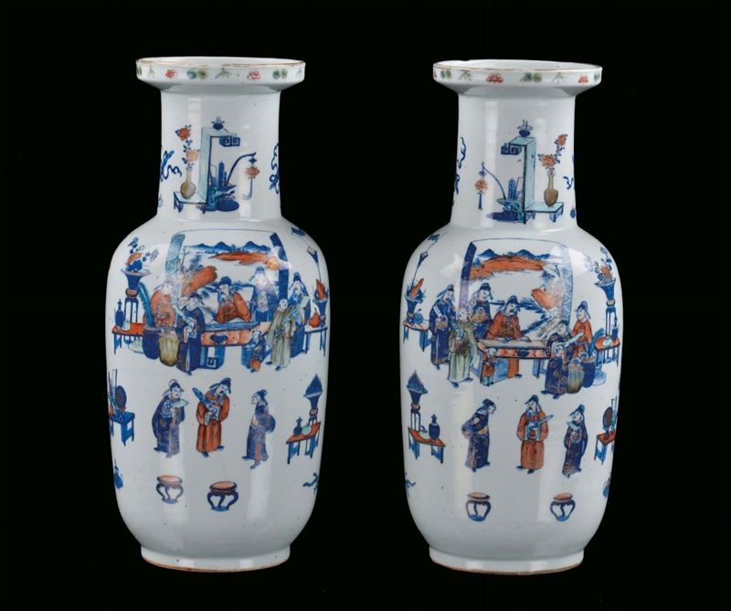 Pair of Ducai porcelain ruleau vases, China, Qing Dynasty, 19th century polychrome decoration with figures and taoist symbols, h cm 45  - Auction Fine Chinese Works of Art - Cambi Casa d'Aste