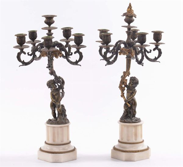 Coppia di  candelieri  a sei luci in bronzo e marmo
