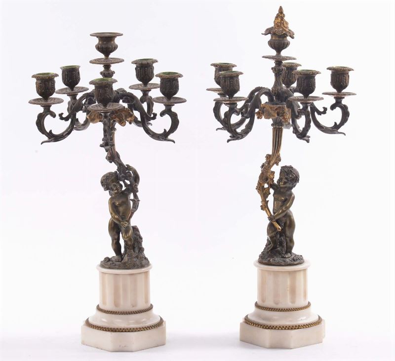Coppia di  candelieri  a sei luci in bronzo e marmo  - Asta Antiquariato e Dipinti Antichi - Cambi Casa d'Aste