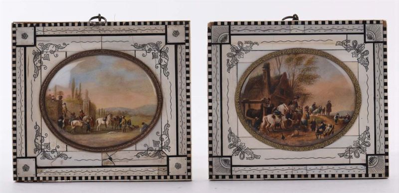 Coppia di miniature con cornice lastronata in avorio  - Asta Antiquariato e Dipinti Antichi - Cambi Casa d'Aste