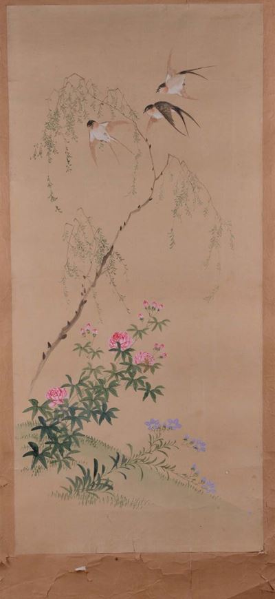 Lotto di Cinque Disegni Acquarellati Raffiguranti Uccelli e Fiori, Cina XX Secolo