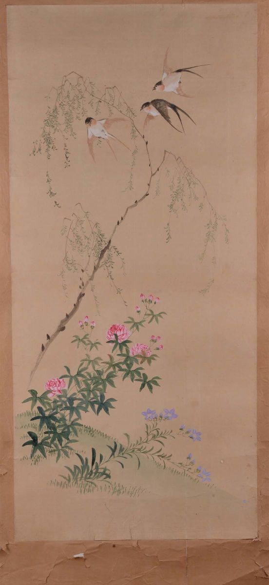 Lotto di cinque disegni acquarellati raffiguranti uccelli e fiori, Cina XX secolo