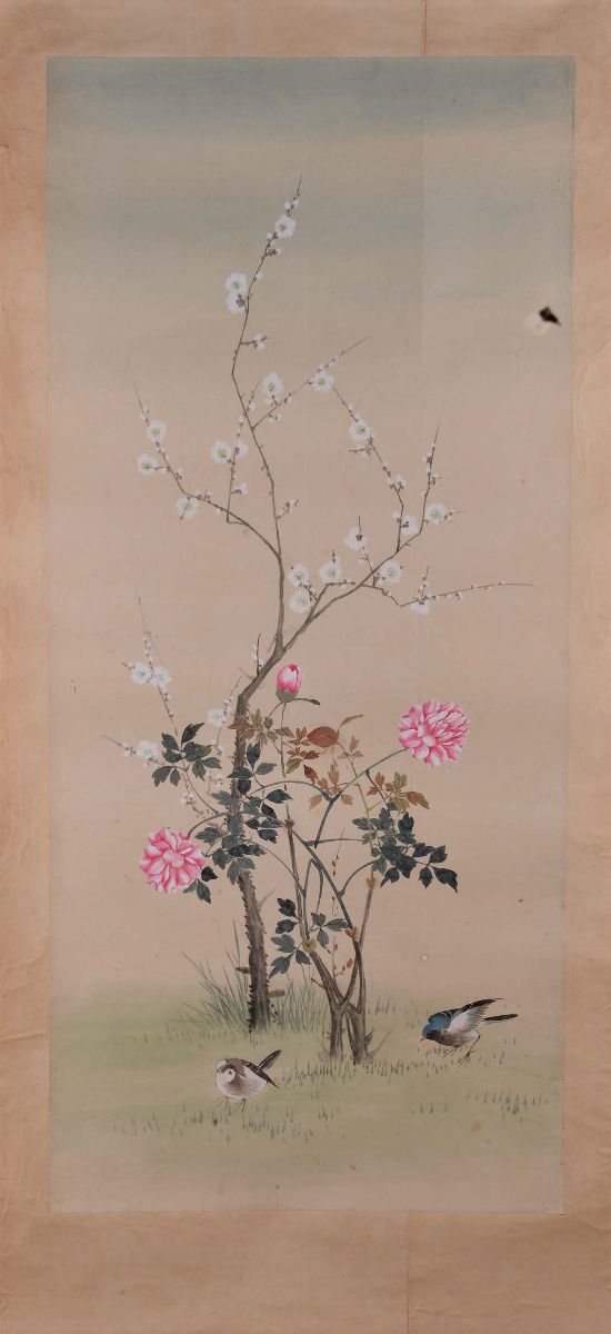 Lotto di Cinque Disegni Acquarellati Raffiguranti Uccelli e Fiori, Cina XX Secolo
