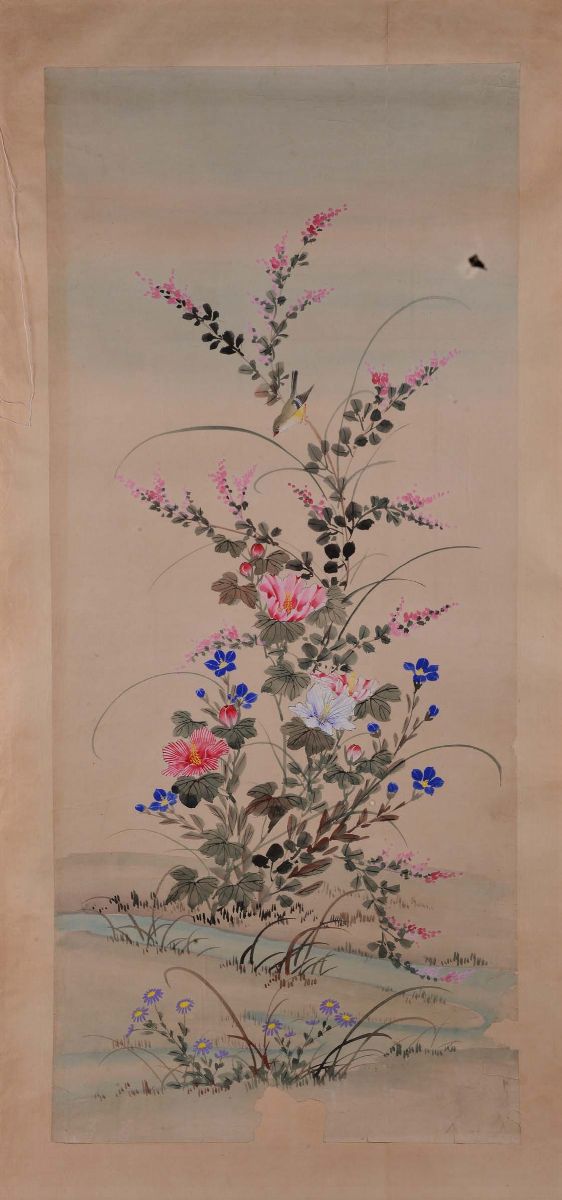 Lotto di Cinque Disegni Acquarellati Raffiguranti Uccelli e Fiori, Cina XX Secolo
