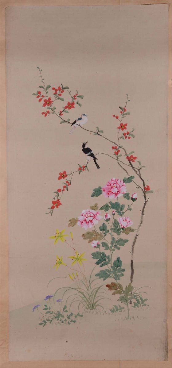 Lotto di Cinque Disegni Acquarellati Raffiguranti Uccelli e Fiori, Cina XX Secolo