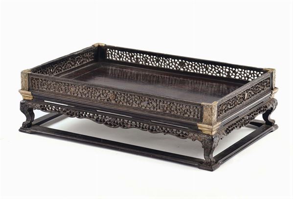Fretworked Zitan wood  tray, China, Qing Dynasty, Qianlong Period (1736-1795) With gilt copper angles