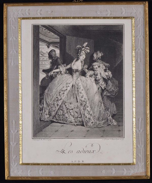 Stampa raffigurante scena galante, J.M.Moreau, fine XVIII secolo