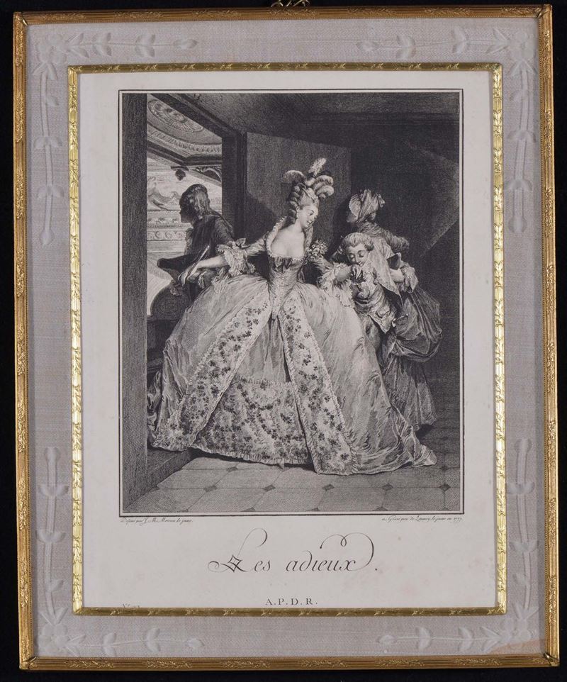 Stampa raffigurante scena galante, J.M.Moreau, fine XVIII secolo  - Auction Antiques and Old Masters - Cambi Casa d'Aste