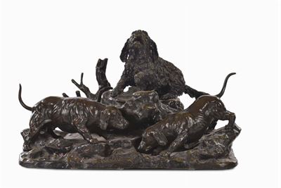 Gruppo in Bronzo Brunito Raffigurante Segugi, XIX Secolo