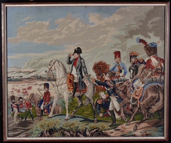 Ricamo raffigurante Napoleone a cavallo con soldati, XIX secolo