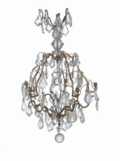 Lampadario in Metallo e Cristalli di Rocca a Cinque Luci