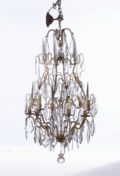 Lampadario in Bronzo Dorato e Cristalli