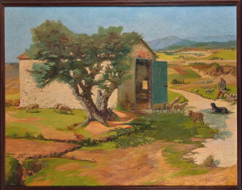 A. Ribes Paesaggio con casolare e pecore  - Asta Dipinti del XIX e XX secolo - Cambi Casa d'Aste
