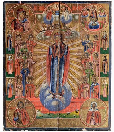 Icona Raffigurante Madonna su Nuvola e Santi, XVIII Secolo