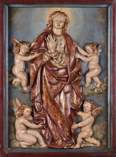 Bassorilievo in Legno Raffigurante Madonna con Angeli, XVIII Secolo