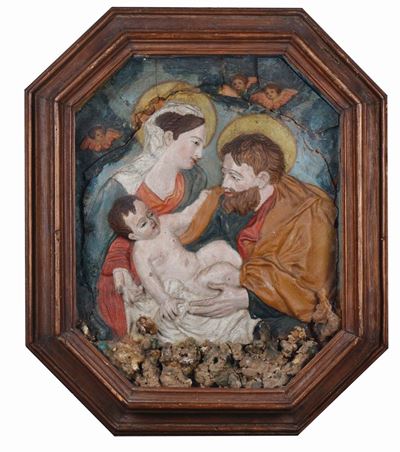 Bassorilievo in Cera Dipinta di Forma Ottagonale Raffigurante Sacra Famiglia, XVIII Secolo