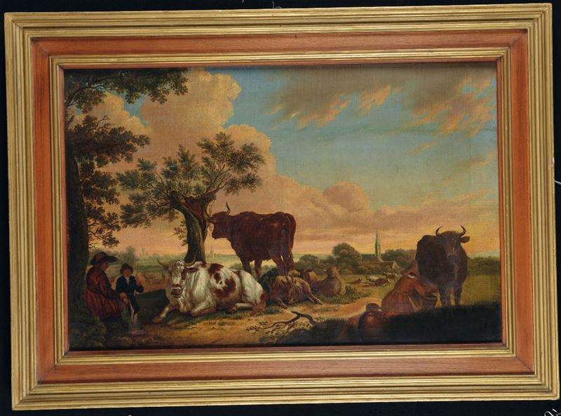 Anonimo del XIX secolo Paesaggio fiammingo con mucche  - Asta Antiquariato e Dipinti Antichi - II - Cambi Casa d'Aste