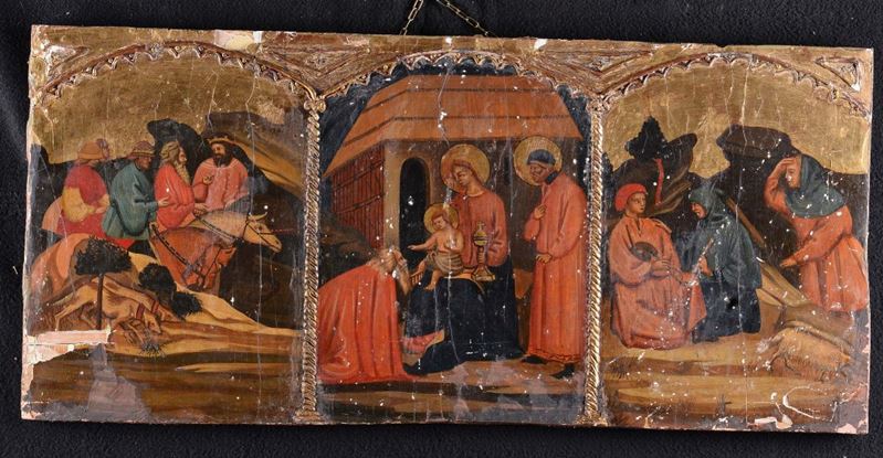 Tavoletta con trittico raffigurante Adorazione dei Magi, XIX secolo  - Asta Antiquariato e Dipinti Antichi - II - Cambi Casa d'Aste