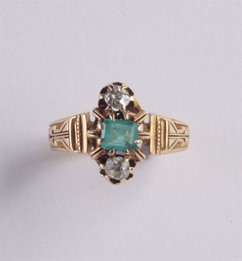 Anello con piccolo smeraldo e diamanti. Secolo XIX  - Asta Argenti e Gioielli Antichi e Contemporanei - Cambi Casa d'Aste