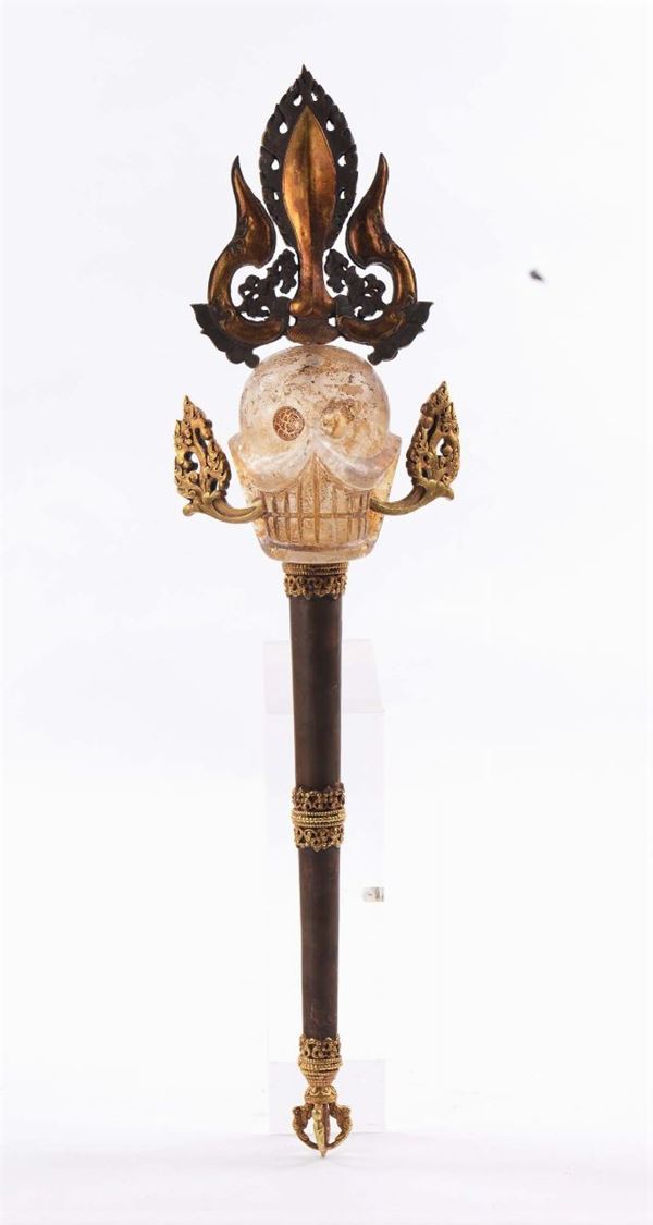 Rock crystal scepter with skull, Tibet, 20th century cm 57