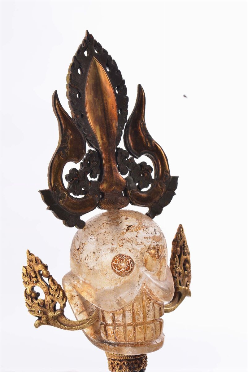 Scettro con Teschio in Giada, Bronzo, Rame e Cristallo di Rocca, Tibet, XX Secolo