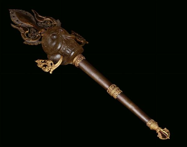 Scepter with rock crystal and stones, gilt bronze and copper, Tibet, 20th century Length cm 46