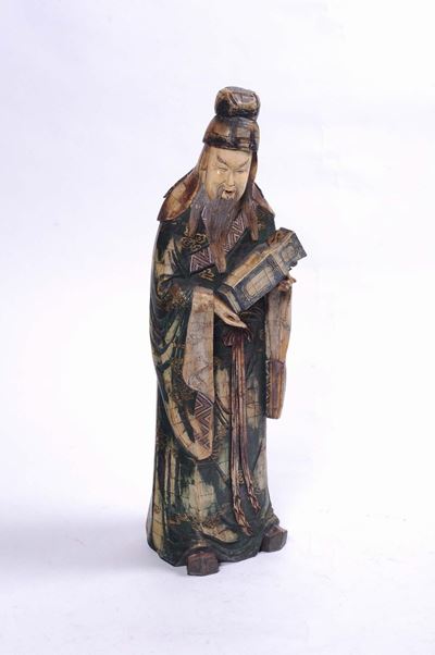 Scultura Raffigurante Dignitario in Legno e Osso, Cina XX Secolo