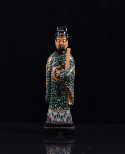 Scultura Cinese Raffigurante Dignitario in Smalti Cloisonnè e Avorio, Cina XX Secolo