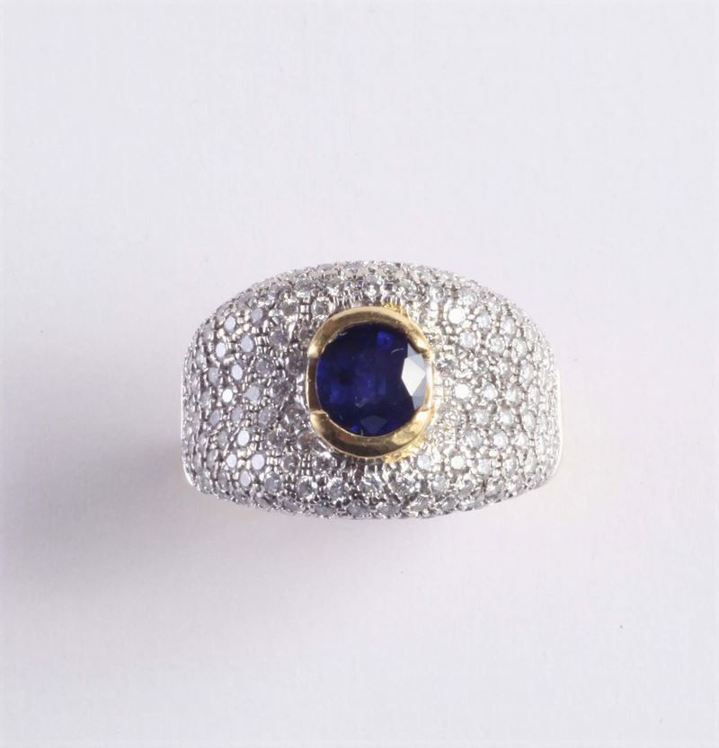 Anello a fascia con pavè di diamanti e zaffiro centrale  - Auction Silvers, Ancient and Contemporary Jewels - Cambi Casa d'Aste