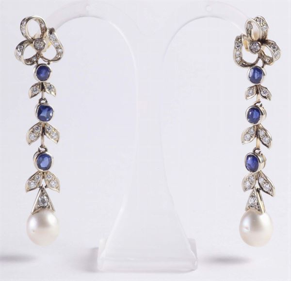 A pair of sapphire and pearl pendent earrings