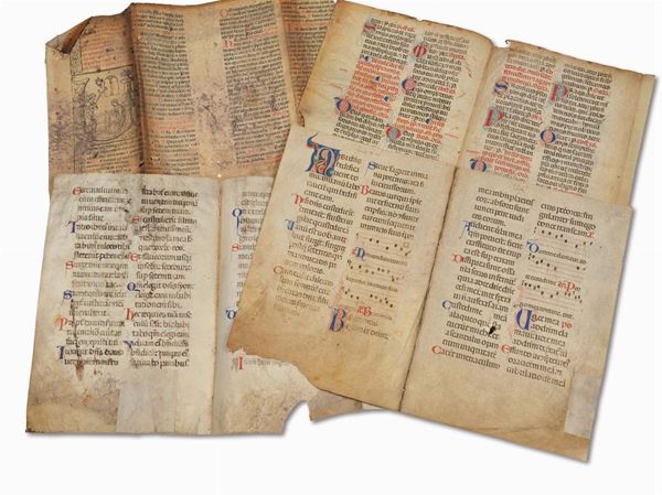 Sette pagine di libri con capolettere miniate, XV-XVI secolo