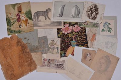 Lotto di Undici Disegni e Sei Gouaches Differenti